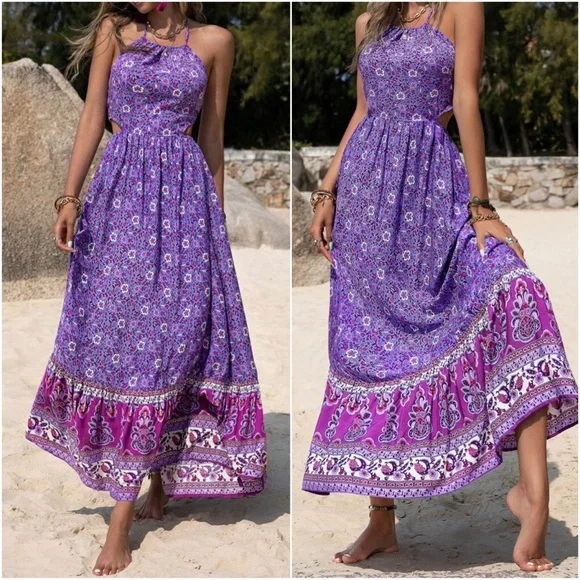 Boho Floral Print Halter Cottagecore maxi Dress - Picture 3 of 4